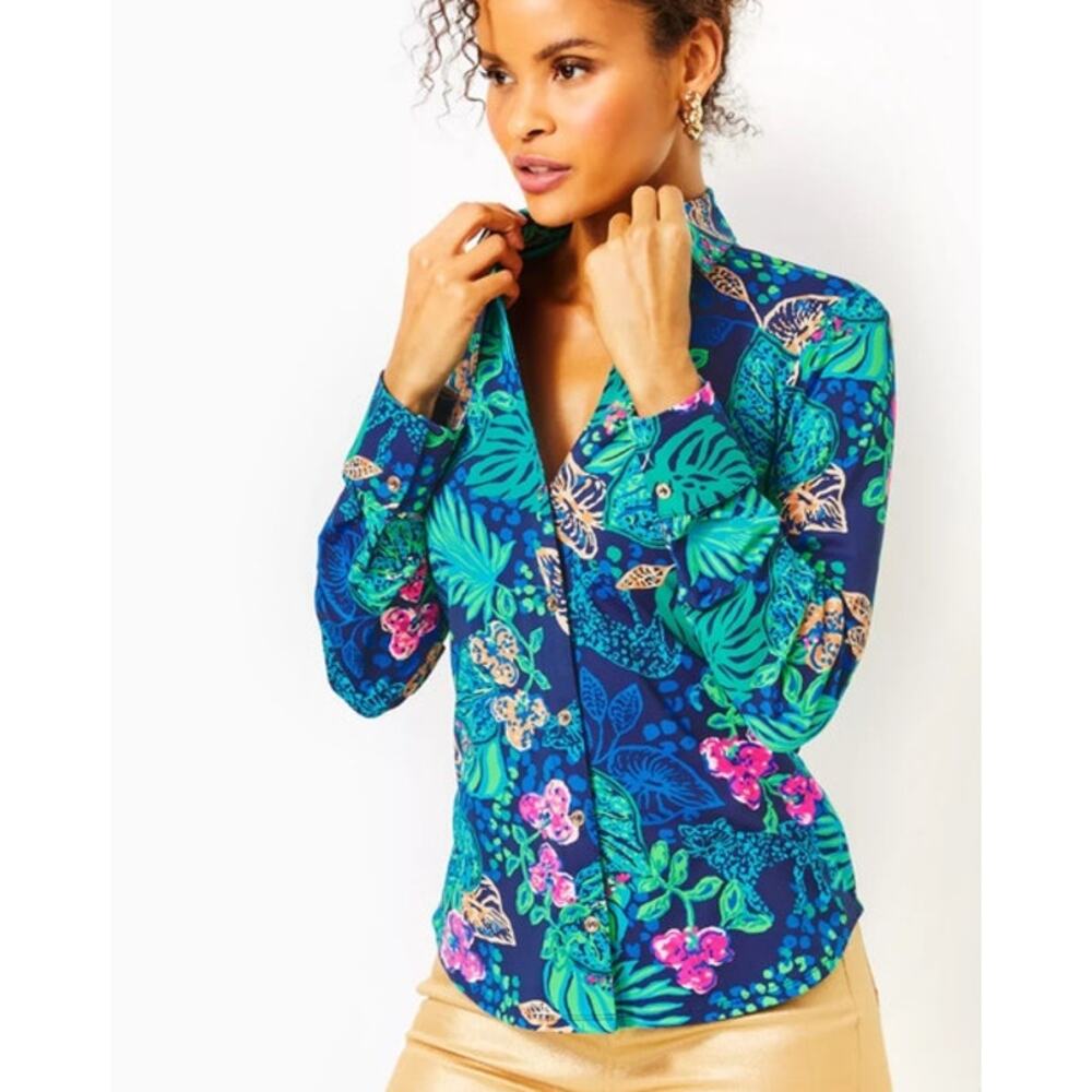 Lilly Pulitzer UPF 50+ Button Down Top XL Navy Tropical Long Sleeve Stretch